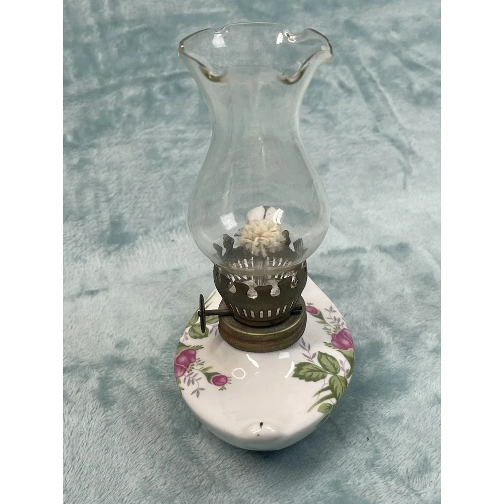 Vintage Mini Oil Lamp Porcelain Floral Finger Lamp Glass Chimney 6